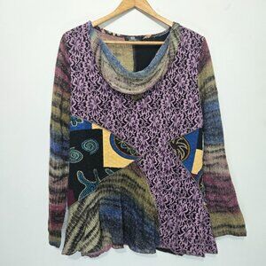 LV Collection Womens Patchwork Top Size L Artsy Mixed Media Lagenlook Cowl Neck